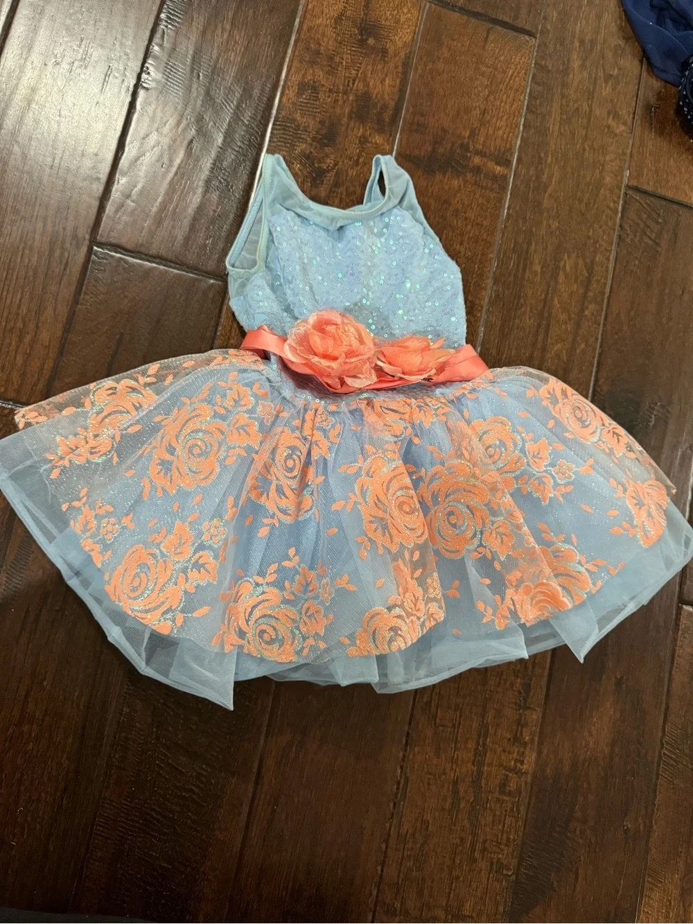 Weissman Light Blue and Coral Floral Tulle Dance Costume - SC Child Small